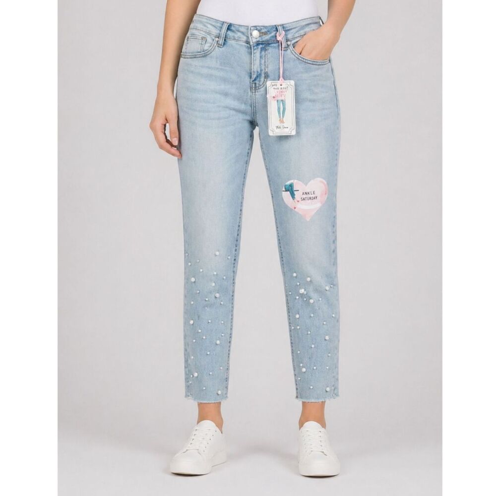 Blue Desire Mid-Rise Pearl Hem Ankle Skinny 7